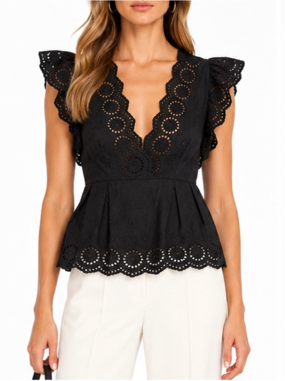 MAETTE Black Cotton Eyelet Lace Ruffle Sleeve Peplum Blouse Size S